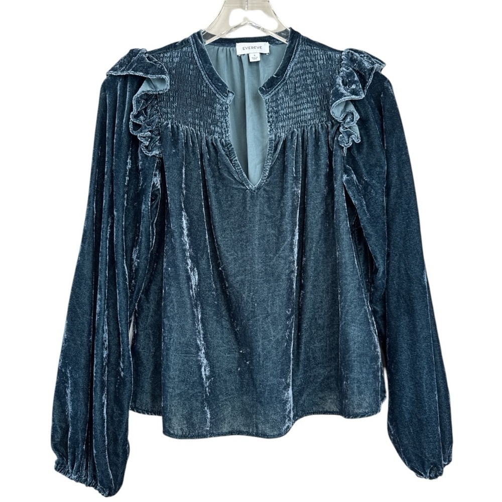Evereve Yana Velvet Smocked Ruffled Blouse Size Small